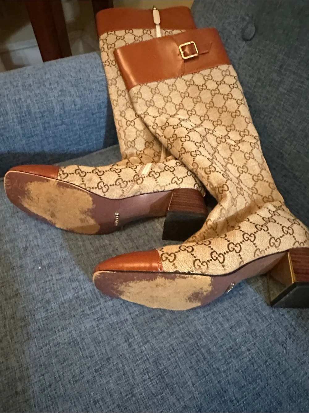 Gucci Beige GG Canvas Knee-High Boots with Brown Trim